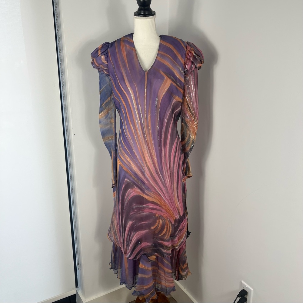 Vintage Judy Hornby Couture 70s 89s Metallic silk chiffon lamé pastel dress